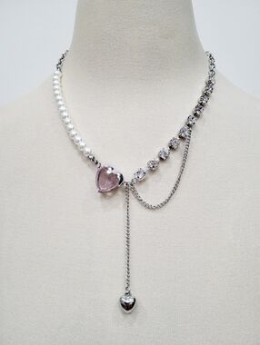 Brand New Stainless Steel Pearl Pink Heart Rhinestone Necklace